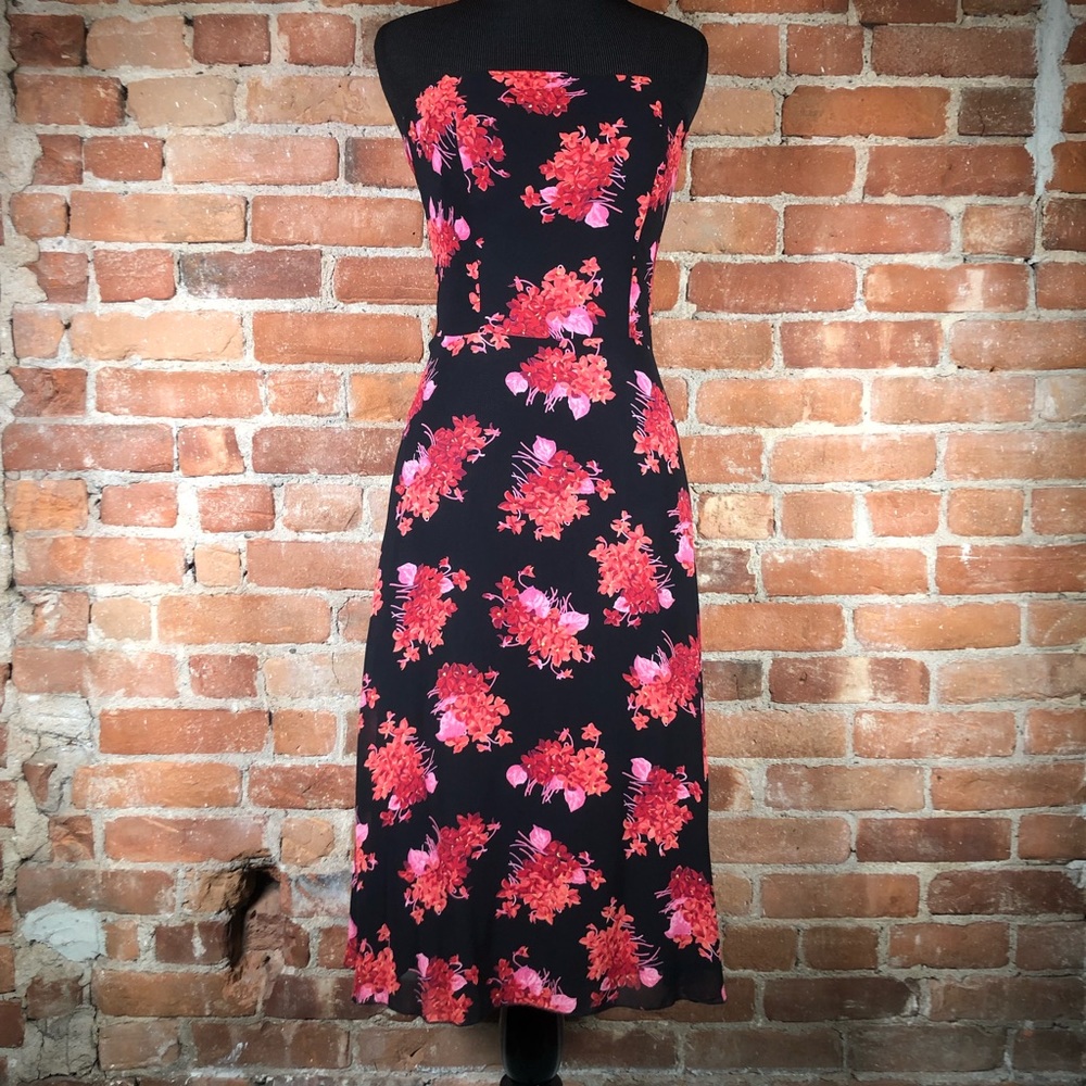 Bebe Strapless Dress in Black with Red Flowers